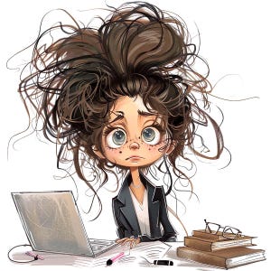 Frazzled girl clip art, watercolor weary work lady illustration PNG,  messy hair girl exhausted from studying graphic art, anxious woman art