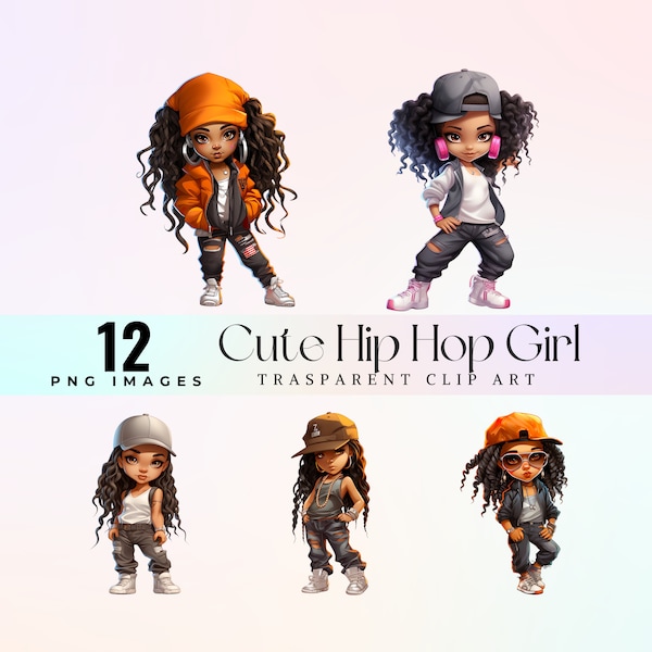 playful chibi hip-hop girl clip art, watercolor joyful rap girl illustration PNG, funky dance chick graphic art, cool street girl artwork