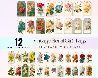 Vintage Floral Gift Tags Clipart Printable, Botanical Ephemera for Junk Journaling, Scrapbooking, Craft Projects