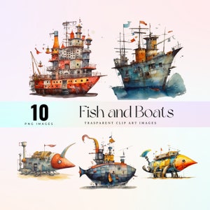 Pesci e barche fantasy clip art pittura ad acquerello Pesci e barche illustrazione multicolore Immagini PNG grafica digitale stampabile cli art