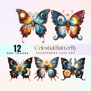 Clipart papillon céleste mignon, aquarelle adorable lune soleil ailes illustration png, art graphique papillon éthéré, art du ciel ailé mignon