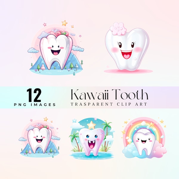 Cute Kawaii tooth clip art, watercolor Japanese teeth Kawaii, Cute Dental Icons, Happy Dental Art and Whimsical Tooth Illustrations