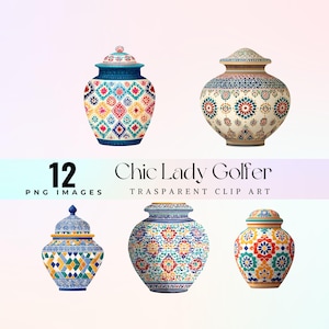 May include: An image featuring six decorative ceramic jars with lids. The jars showcase intricate patterns in various colors, including blue, red, yellow, and green. The text "12 PNG IMAGES" and "Chic Lady Golfer TRANSPARENT CLIP ART" are also visible.