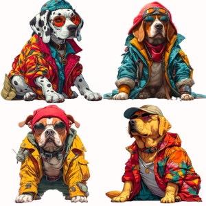 May include: Four dogs wearing colorful jackets and sunglasses. The dogs are a Dalmatian, a Beagle, a Bulldog, and a Golden Retriever. Each dog is wearing a different style of jacket and sunglasses.