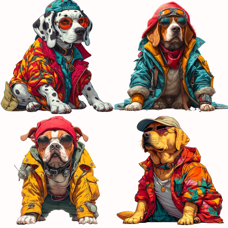 May include: Four dogs wearing colorful jackets and sunglasses. The dogs are a Dalmatian, a Beagle, a Bulldog, and a Golden Retriever. Each dog is wearing a different style of jacket and sunglasses.