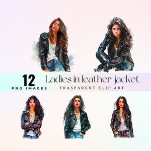 Chic clipart dame veste en cuir, aquarelle adorable jeune femme habillée en cuir illustration PNG, belle art graphique de fille de mode latina