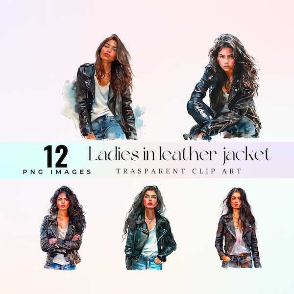 Chic leather jacket lady clip art, watercolor adorable young woman  leather dressed illustration PNG, lovely Latina fashion girl graphic art