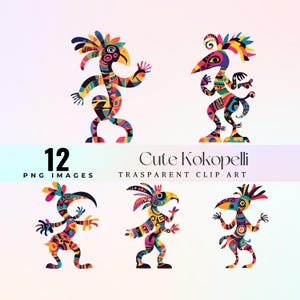 Imágenes prediseñadas caprichosas de Kokopelli, ilustración PNG de encanto indígena colorido de acuarela, arte gráfico de figura alegre del suroeste, arte espiritual tribal