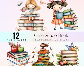 May include: A set of 12 digital clip art images featuring cute cartoon girls and stacks of books. The images are perfect for teachers, parents, and crafters who want to add a touch of whimsy to their projects.  The images are in PNG format and have transparent backgrounds.