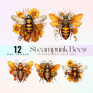 May include: Twelve digital illustrations of steampunk bees with intricate gears and floral details. The bees are yellow and black with gold accents. The images are perfect for crafting, scrapbooking, and digital design.