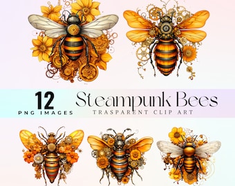 Watercolor Steampunk Bees Clip Art: Vintage Mechanical Insects (PNG)