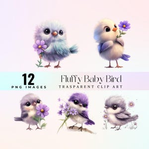 Cute Fluffy Baby Bird Clip Art, Adorable Spring Chick Illustration, Watercolor Bird Clipart, Purple Flowers PNG, Digital Download