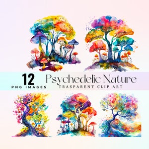 radosna psychodeliczna natura clipart, akwarela kapryśna naturalna piękność ilustracja PNG, kolorowa fantastyczna grafika krajobrazowa 300 Dpi