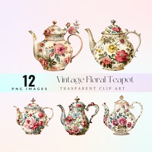 Belle clipart vintage théière florale, charmante théière aquarelle et fleurs illustration PNG, dessin animé fleur rétro bouilloire art graphique