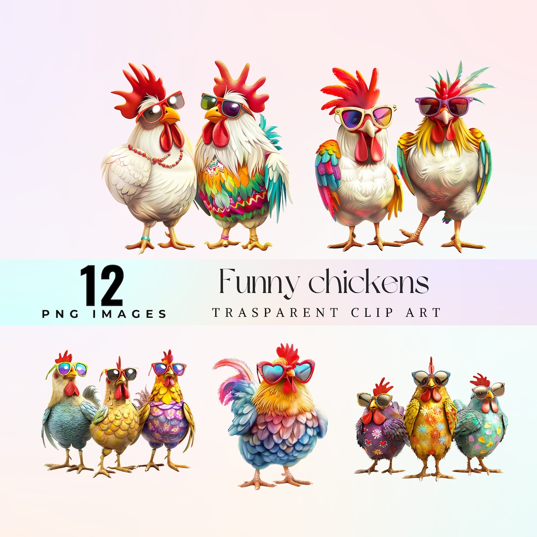 Funny Chickens Clip Art, Watercolor Hilarious Hens Illustration PNG