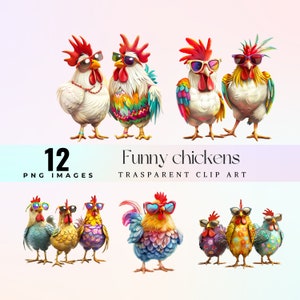 Imágenes prediseñadas de pollos divertidos, ilustración de gallinas hilarantes de acuarela PNG, arte gráfico de pollos de dibujos animados excéntricos, gafas de sol cacareando arte de comedia