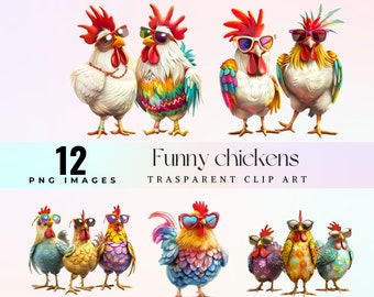 Funny chickens clip art, watercolor hilarious hens illustration PNG, eccentric cartoon chickens graphic art, sunglasses clucking comedy art