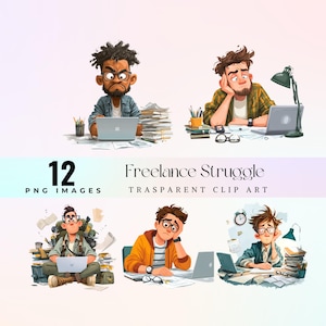Puede incluir: Ilustración digital con seis imágenes de personas trabajando en portátiles, con expresiones de frustración y agotamiento. Se muestra el texto "12 PNG IMAGES" y "Freelance Struggle". El clip art es transparente.