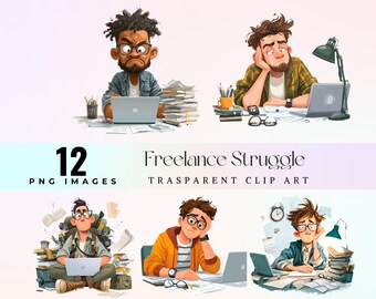 Freelance Struggle Clipart, Overworked Freelancer at Messy Desk Illustration, Work Stress Cartoon, Creative Burnout