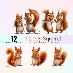 Clipart drôle d'écureuils, illustration PNG de mignons mignons de bois de dessin animé heureux d'aquarelle, art graphique d'écureuil joyeux, oeuvre d'art d'écureuil de smiley