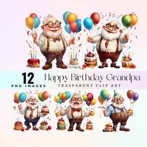 Feliz cumpleaños abuelo clip art, acuarela divertida ilustración de cumpleaños del abuelo PNG, arte gráfico divertido de la fiesta del anciano, alegría del globo del pastel