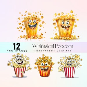 ClipArt stravaganti di popcorn, illustrazione di mais divertente dell'acquerello PNG, arte grafica pop eccentrica del fumetto, grafica di popcorn divertente 300 DPI stampabile