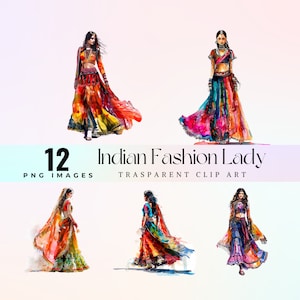 Watercolor Indian Fashion Lady Clip Art: Ethnic PNG Graphics (Digital Download)