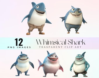 Funny Shark Clipart, Whimsical Cartoon PNG, Commercial Use (Digital Download)