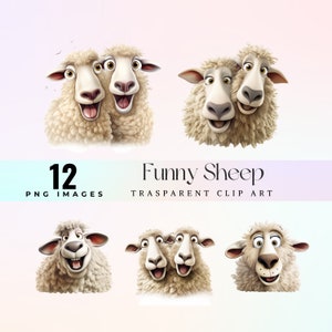 May include: A set of 12 digital clip art images featuring funny sheep with different expressions. The sheep are cartoon-like and have large eyes and smiles. The images are perfect for adding a touch of humour to your projects.