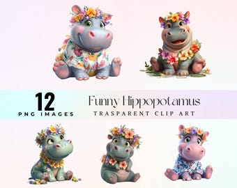 Baby Hippo Floral Crown Clipart: Safari Animal PNG (Digital Download)