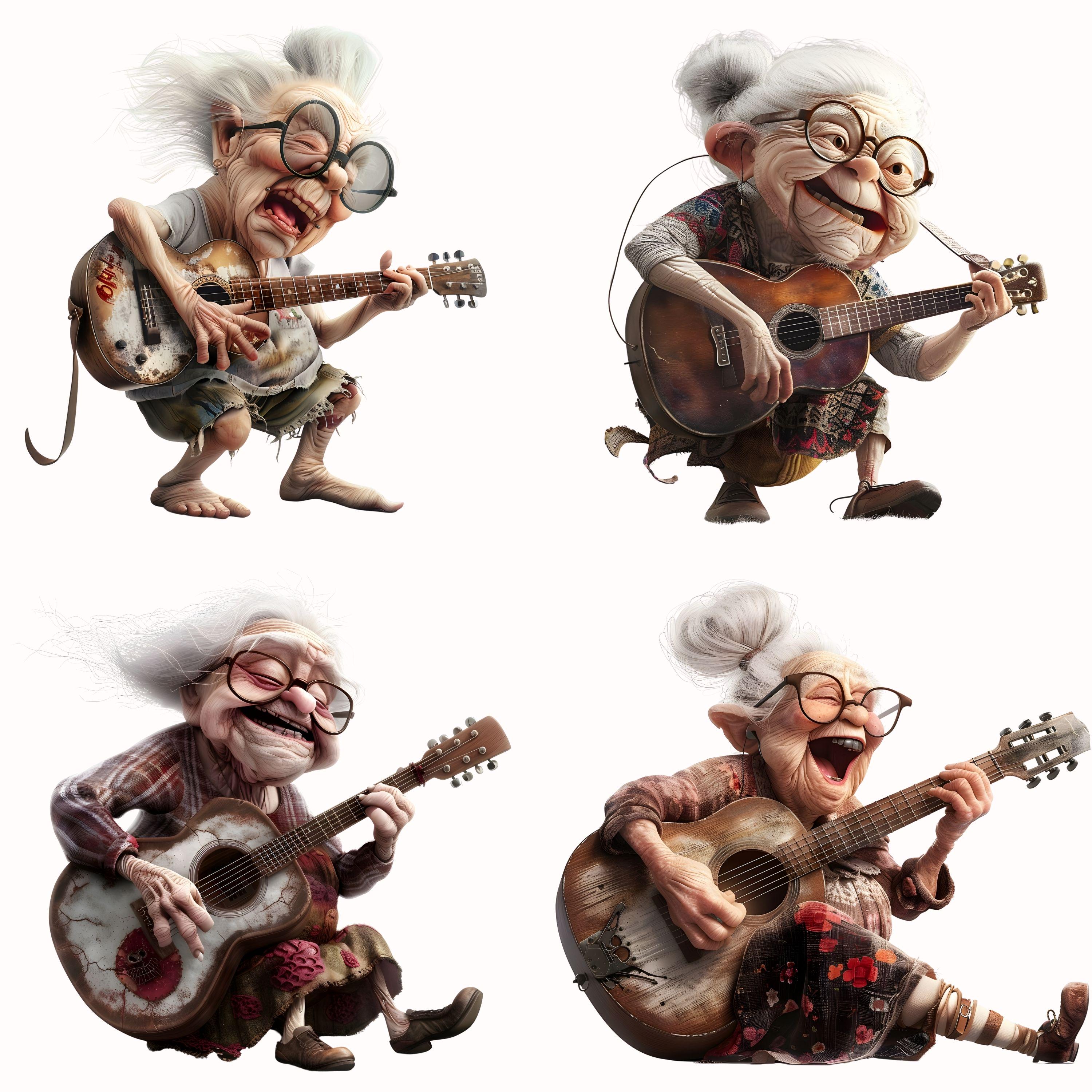 Whimsical Grandma Musician Clip Art: Funny Granny Guitar PNG