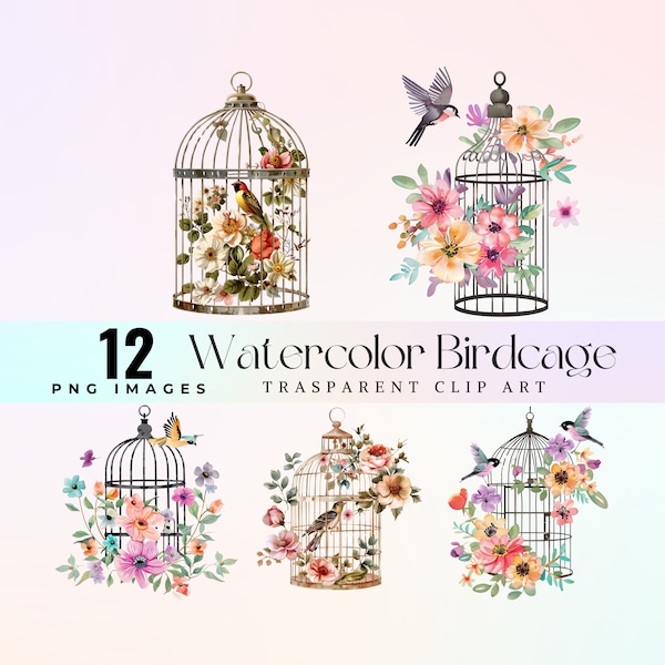 Cute  birdcage clip art, watercolor sweet bird cage and flowers illustration PNG, cartoon adorable tiny floral cage graphic art 300 DPI
