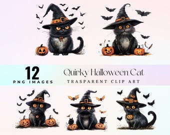 Watercolor Halloween Cat Clipart: Witchy Kitten PNG (Digital Download)