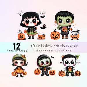 Clipart mignon personnage d'Halloween, aquarelle adorable illustration de la mignonne Halloween PNG, dessin animé belle citrouille protagoniste art graphique