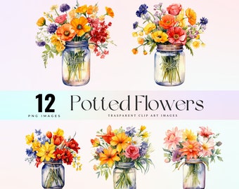 May include: Twelve watercolor illustrations of potted flowers in mason jars. The flowers are in various colors, including yellow, orange, red, pink, and purple. The jars are clear glass with a blue lid.