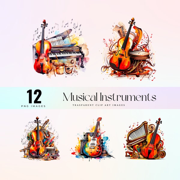 Strumenti musicali clip art pittura ad acquerello PNG immagini classiche e jazz download digitale stampabile png 300 dpi