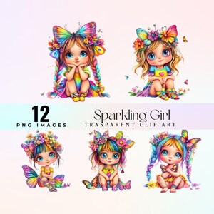 Clip art kawaii di ragazza scintillante, illustrazione PNG di ragazza eccentrica e artistica, grafica di una signorina scintillante in stile cartone animato, carina opera d'arte di una ragazza con glitter