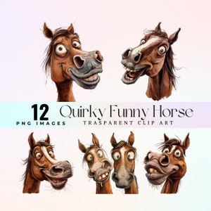 Quirky horse clip art ,watercolor laughing horse face illustration PNG, funny caricature pony portrait graphic art, comic cartoon animal art