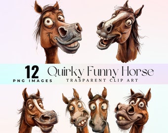 水彩画の馬のクリップアート：面白い似顔絵 PNG（デジタルダウンロード