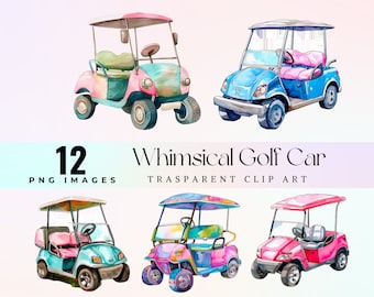 Cute Golf car clip art, watercolor playful golf cart illustration PNG,  cartoon golf utility vehicle graphic art, funky golf buggy artwork