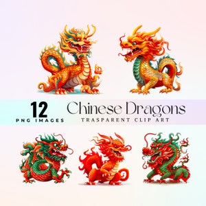 Niedliche chinesische Drachen Clip Art, bunte orientalische Drachenillustrationen, rote traditionelle asiatische Schlangengrafik, Glücksdrachengrafik