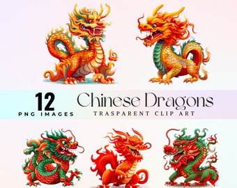 Cute Chinese dragons clip art, colorful Oriental Dragon illustration PNG, red traditional Asian serpent graphic art, lucky dragon artwork