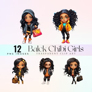 Black Chibi Girls Clip Art: Ebony Doll PNG Graphics (Digital Download)