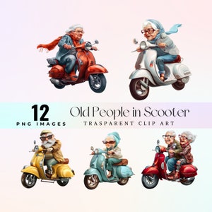 divertido scooter viejos ciclistas clip art, abuelos excéntricos acuarela en ilustración de scooter vintage PNG, divertidas obras de arte de abuelos abuelas