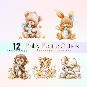 schattige babyfles dieren illustraties, aquarel schattig babydier met babyfles illustratie PNG, lieve babyfles schatjes grafische kunst