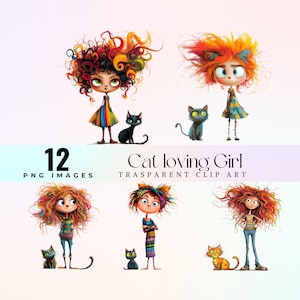 Imágenes prediseñadas de una mujer amante de los gatos peculiar, ilustración PNG de una gatita caprichosa en acuarela, arte gráfico de una mamá gatita de dibujos animados divertidos, una encantadora gatita