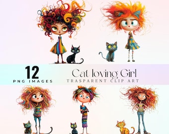 Whimsical Cat Lady Watercolor Clipart: Funny Kitten Mom PNG (Digital Download)