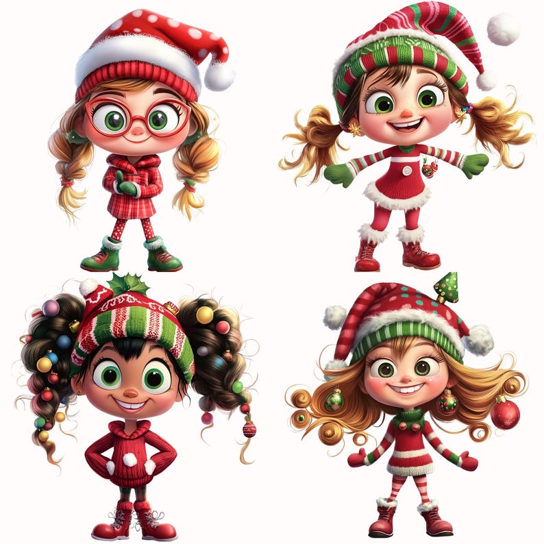 Puede incluir: Cuatro chicas de dibujos animados vestidas con atuendos navide&ntilde;os rojos y verdes con gorros de Pap&aacute; Noel. Las chicas tienen diferentes peinados y expresiones.