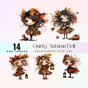 Può includere: Un set di 14 immagini digitali di clip art che presentano bambole autunnali stravaganti con capelli castani, che indossano abiti fatti di foglie e tengono lanterne. Le bambole sono circondate da foglie che cadono e zucche. Il testo "Quirky Autumn Doll" e "Transparent Clip Art" è incluso nell'immagine.