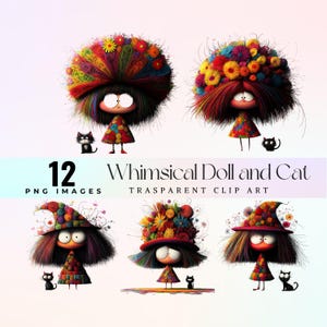 Tiny whimsical doll and cat clip art, quirky toy cat illustration png, cartoon adorable miniature doll graphic art, fun tiny characters art